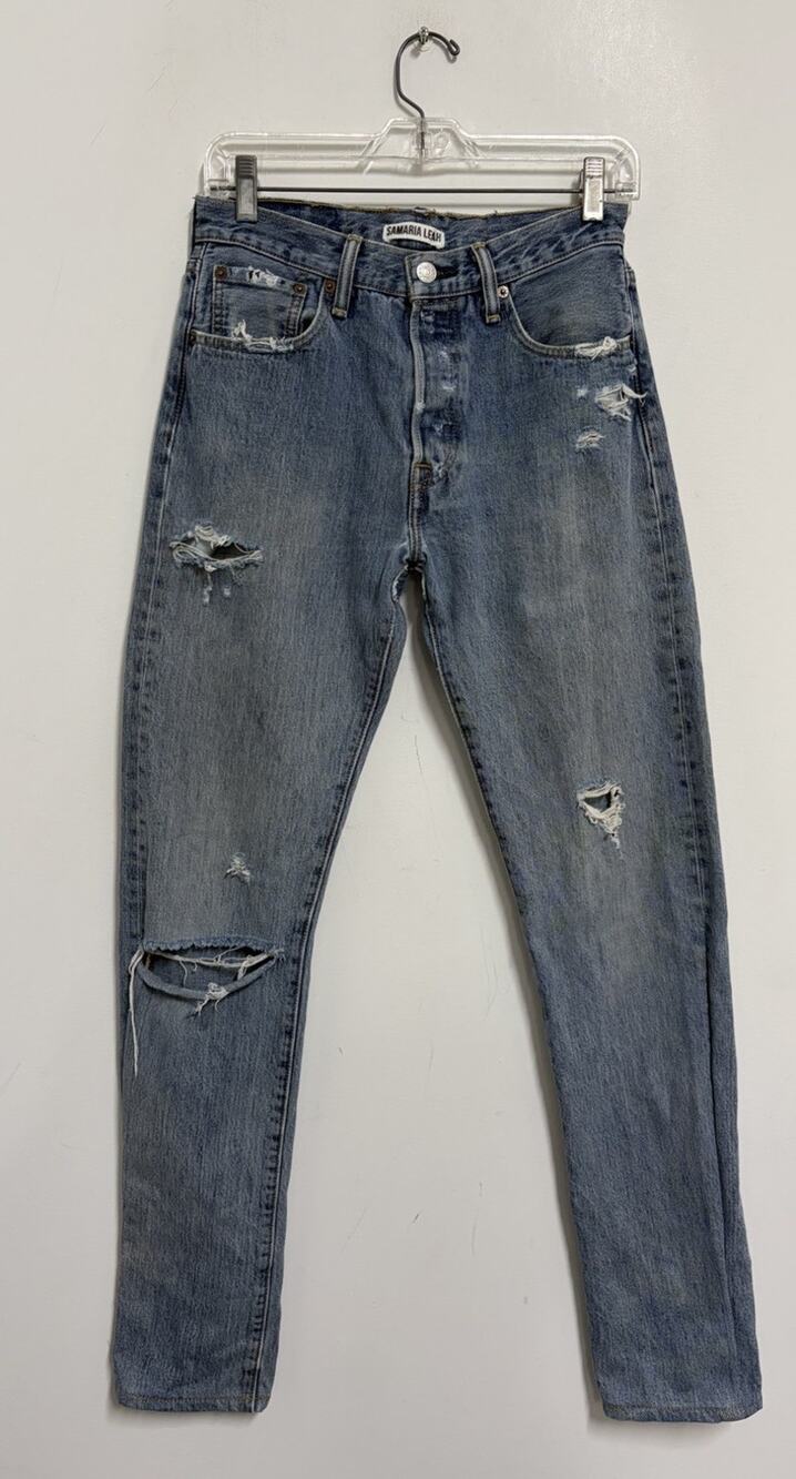 Samaria Leah Upcycled Lace Up Levi's 501 Button Fly Jeans 28x32 Womens Y2K Blue